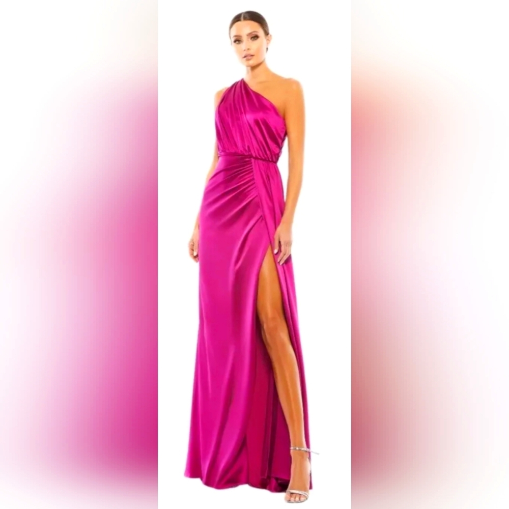 Mac Duggal Fuchsia One-Shoulder Satin Maxi Dress